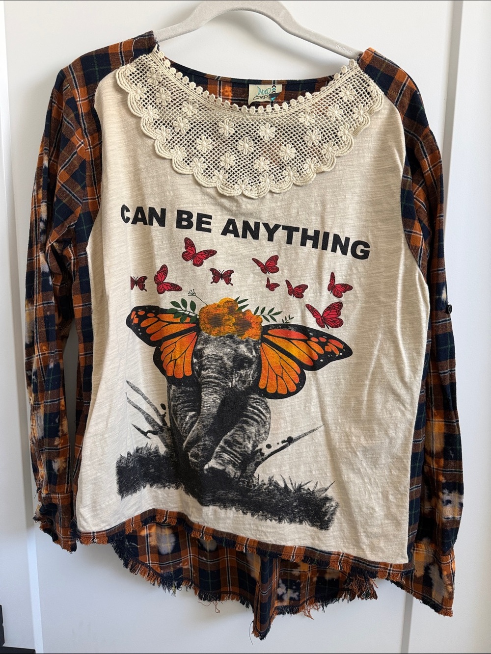 Jaded Gypsy Boho Long-Sleeve Top - flannel with ornate lace detail & distressing